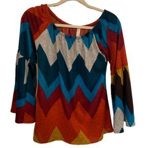 Fashionomics Small Bell 3/4 Sleeve Fall Colored Boat Neck Chevron Print Blouse